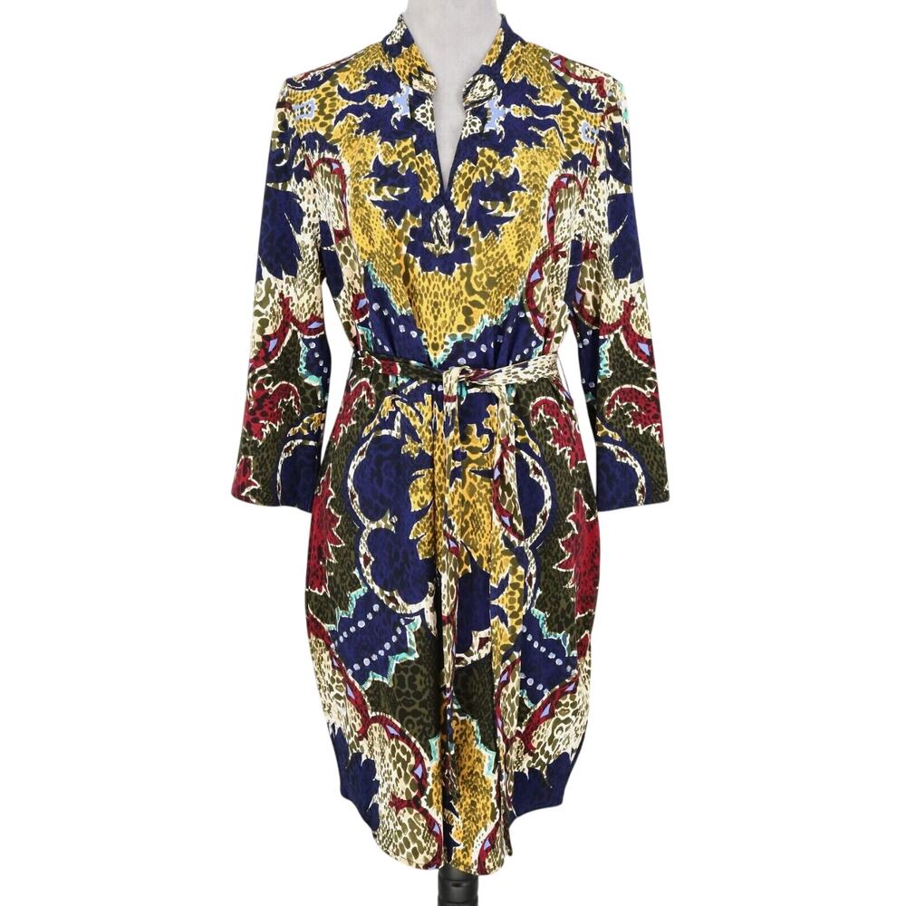 Trulli Dress Womens Large Blue Gold Red Stretch Knit Belt Pullover Career